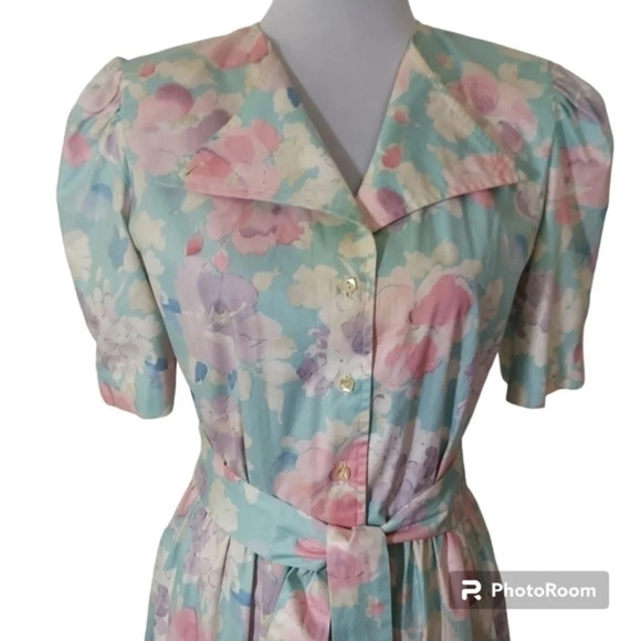 Vtg 80s Lili Richard's Aqua Lavendar Pink Floral Button Down Floral Dress - Picture 3 of 16